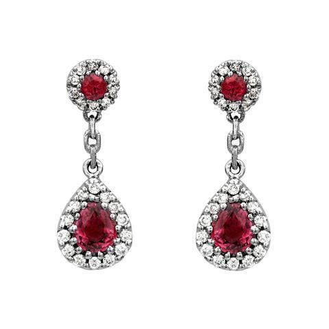 18ct White Gold 0.85ct Ruby Diamond Pear Cluster Drop Earrings