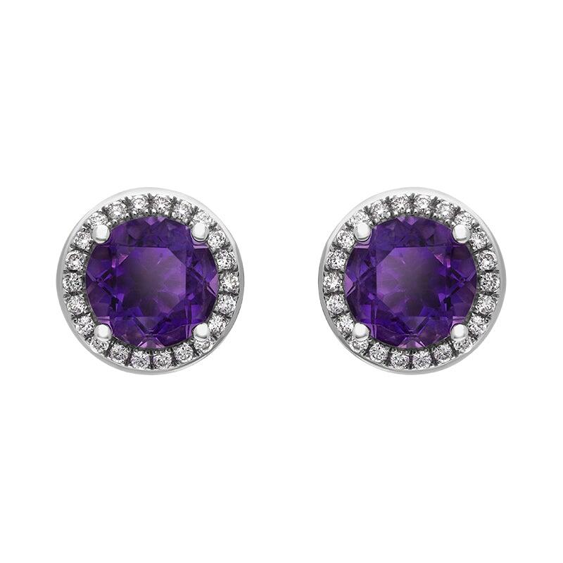 18ct White Gold Amethyst Diamond Round Cluster Stud Earrings