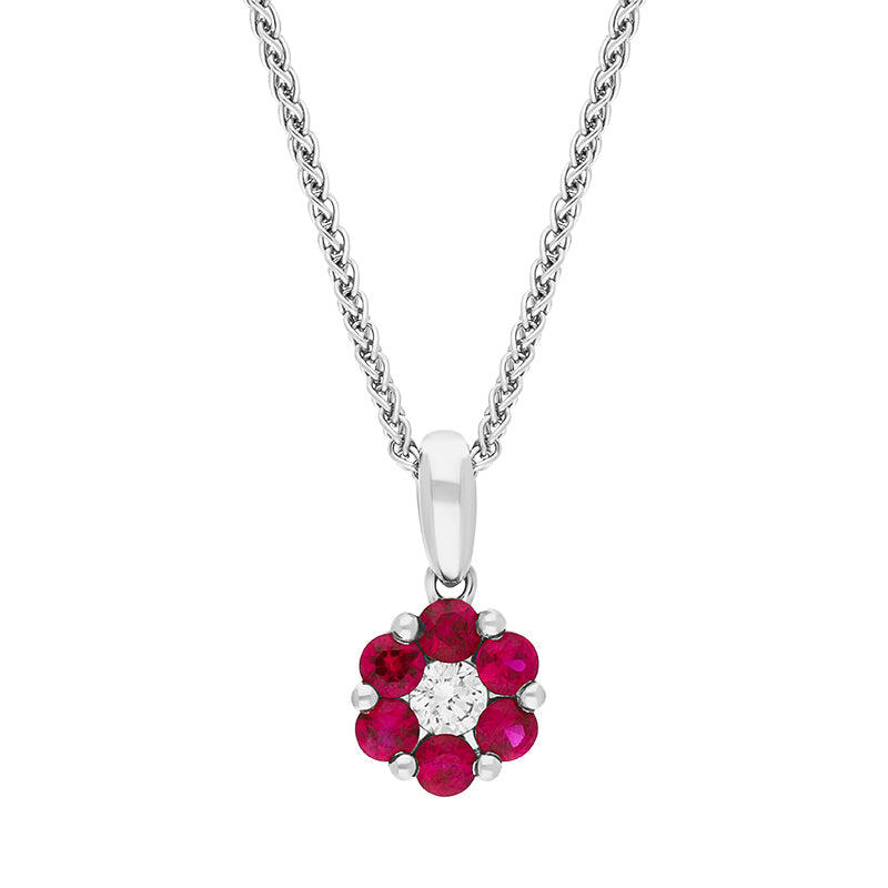 18ct White Gold Ruby Diamond Round Cluster Pendant - Gold