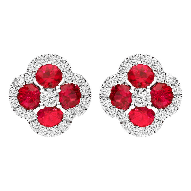 18ct White Gold Ruby and Diamond Four Stone Stud Earrings