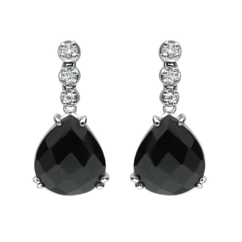 18ct White Gold Whitby Jet 0.18ct Diamond Faceted Pear Earrings