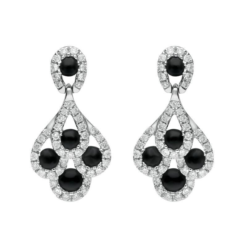18ct White Gold Whitby Jet 0.34ct Diamond Peacock Drop Earrings