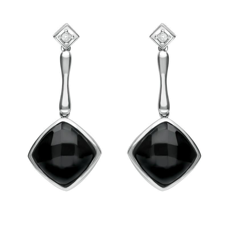 18ct White Gold Whitby Jet Diamond Faceted Cushion Earrings