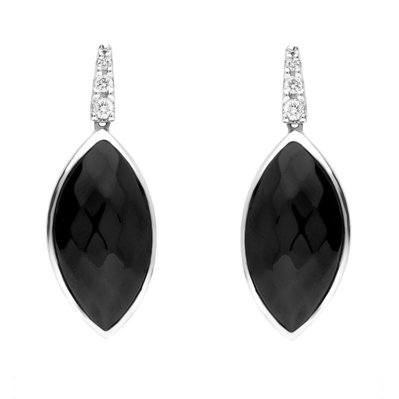 18ct White Gold Whitby Jet Diamond Faceted Long Marquise Earrings
