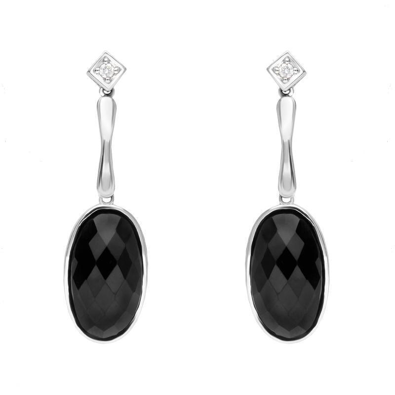 18ct White Gold Whitby Jet Long Faceted Oval Drop Earrings