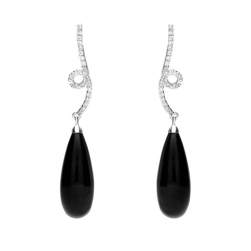 18ct White Gold Whitby Jet and Diamond Swirl Top Drop Earrings