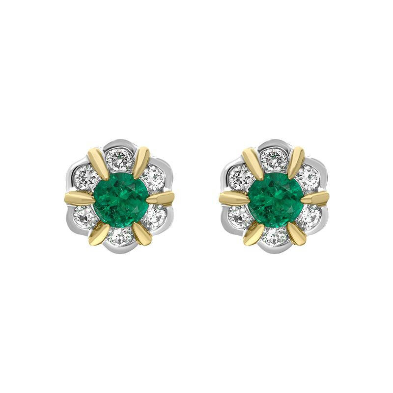 18ct White and Yellow Gold Emerald Diamond Flower Cluster Stud Earrings
