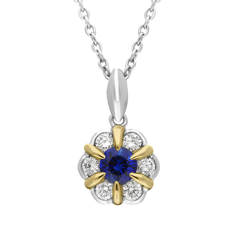 18ct White and Yellow Gold Sapphire Diamond Cluster Flower Pendant - White Gold