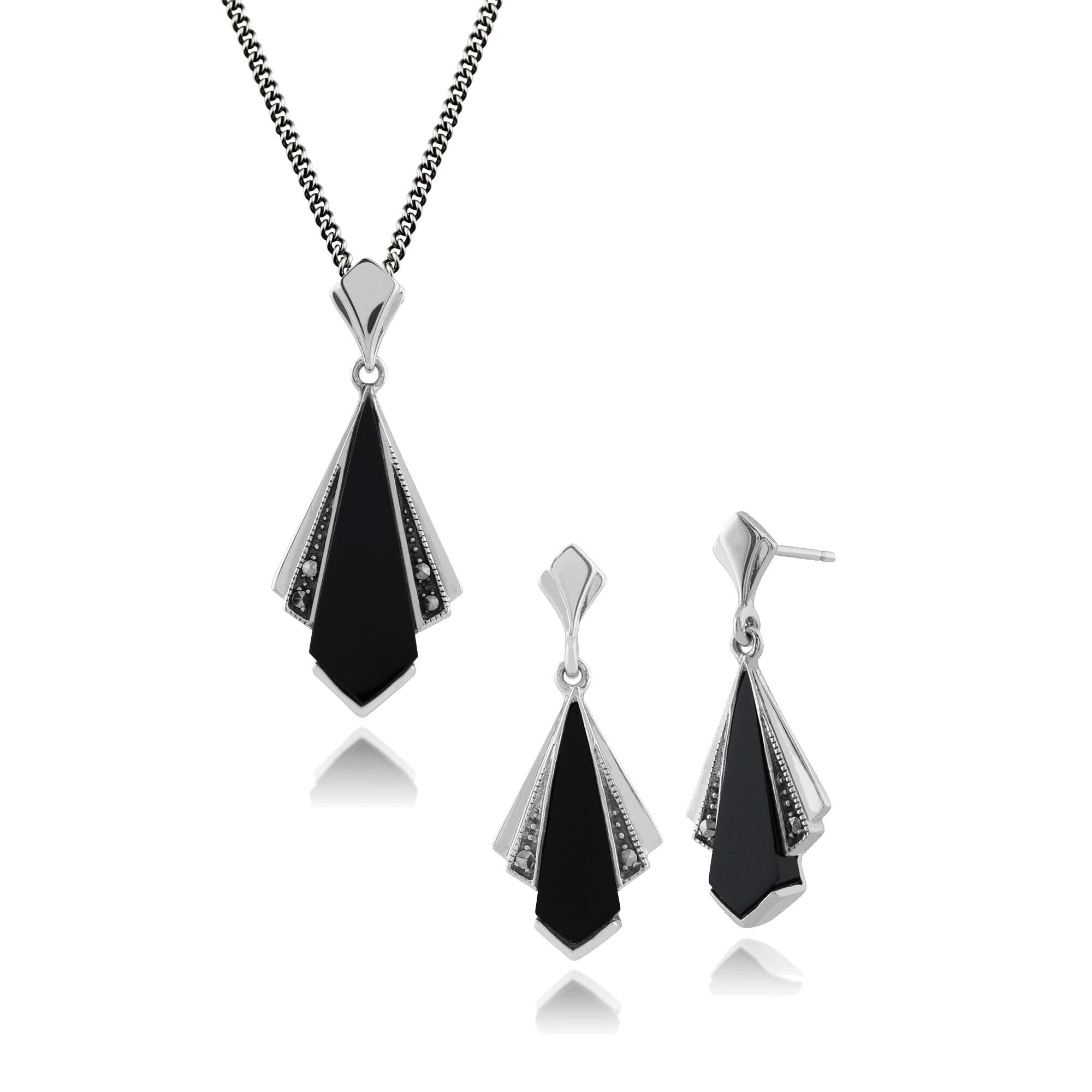 Art Deco Style Black Onyx & Round Marcasite Fan Drop Earrings & Pendant Set in 925 Sterling Silver