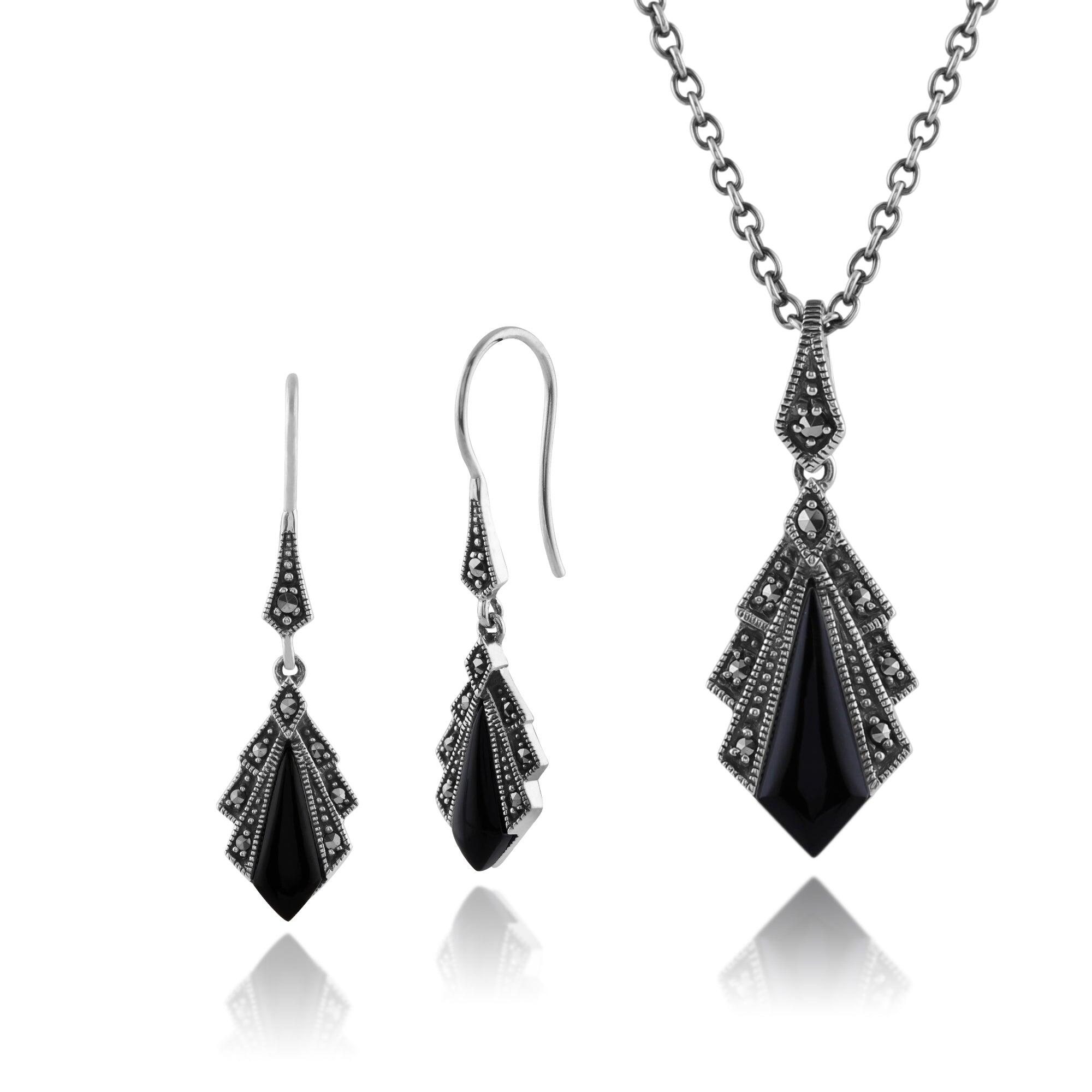 Art Deco Style Style Black Onyx & Marcasite Fan Drop Earrings & Pendant Set in 925 Sterling Silver