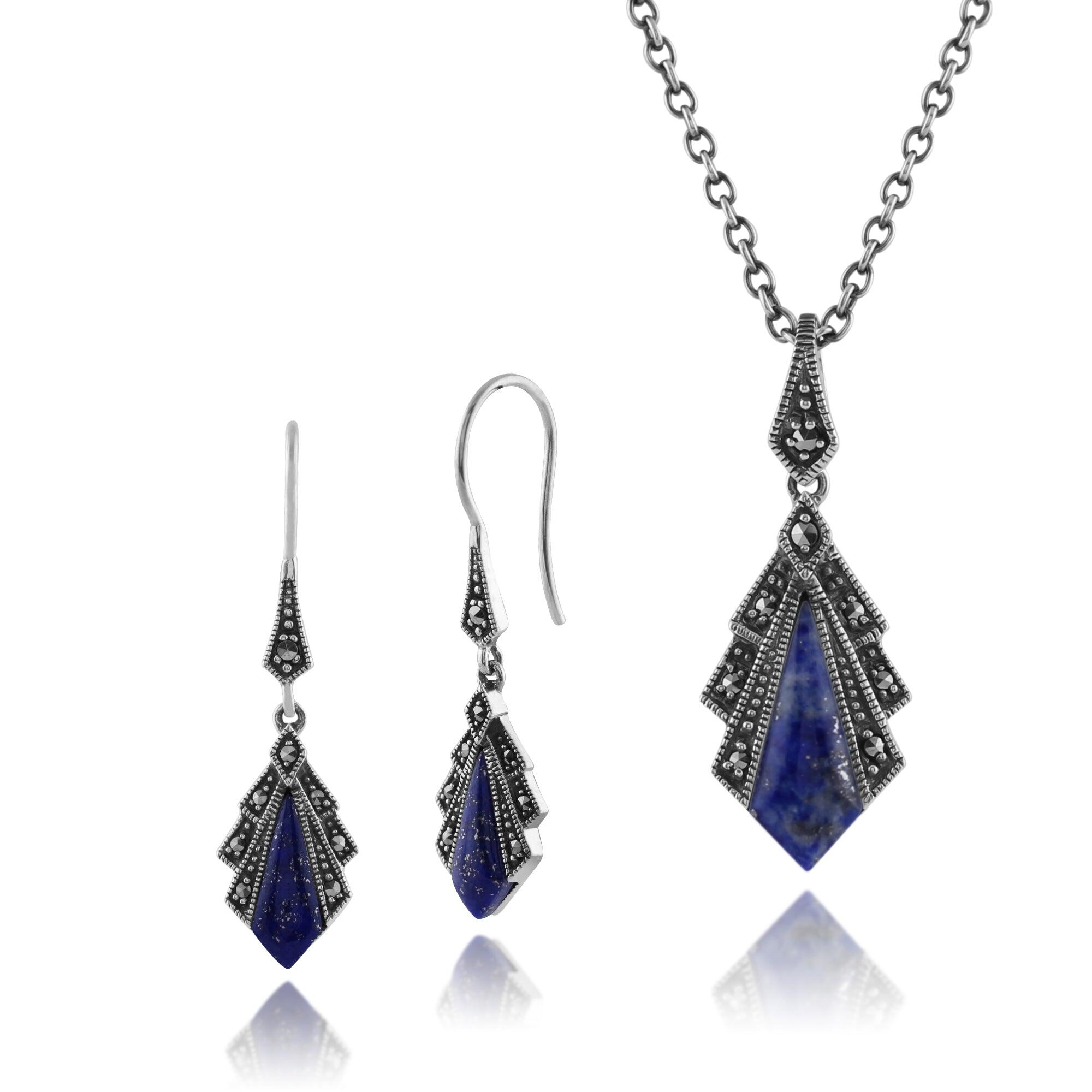 Art Deco Style Style Lapis Lazuli & Round Marcasite Fan Drop Earrings & Pendant Set in 925 Sterling Silver