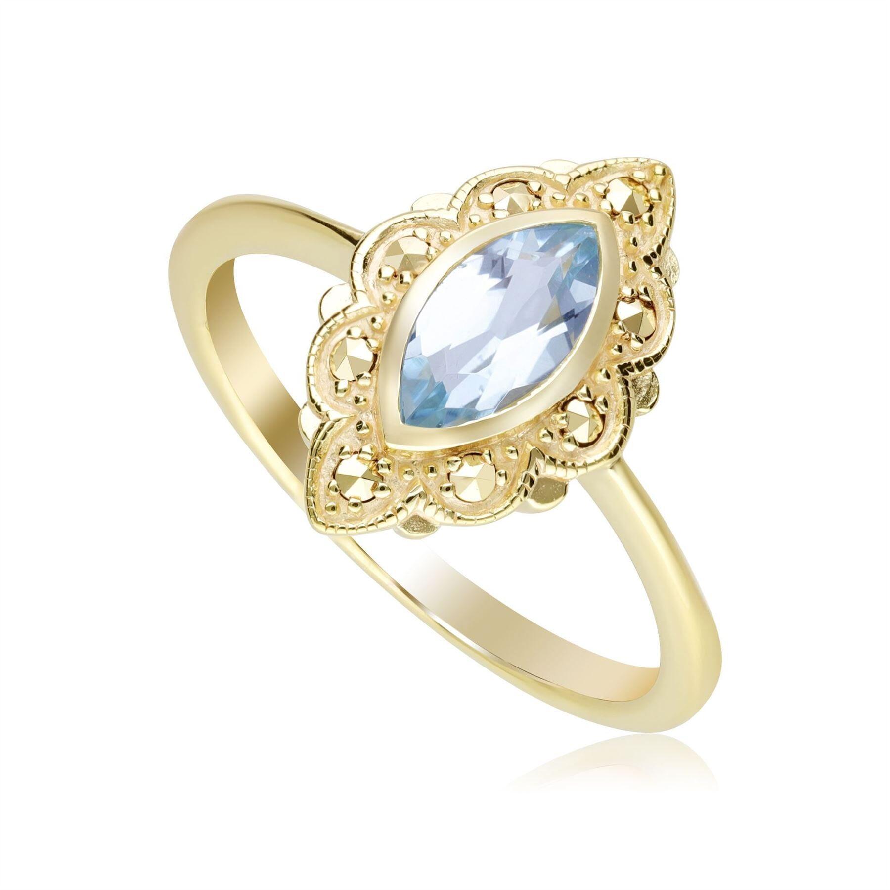 Art Nouveau Inspired Marquise Blue Topaz & Marcasite Ring in 18ct Gold Plated Silver