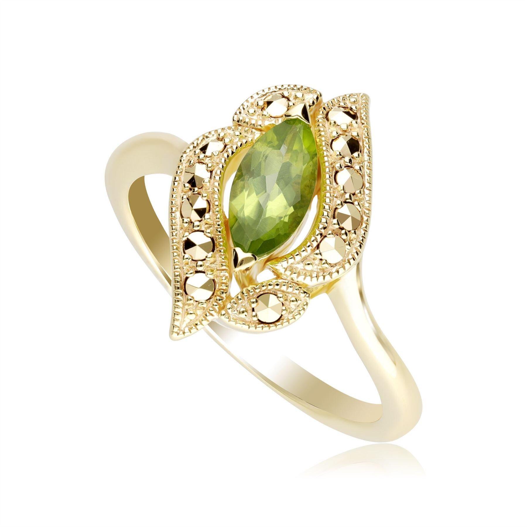 Art Nouveau Inspired Peridot & Marcasite Ring in 18ct Gold Plated Silver
