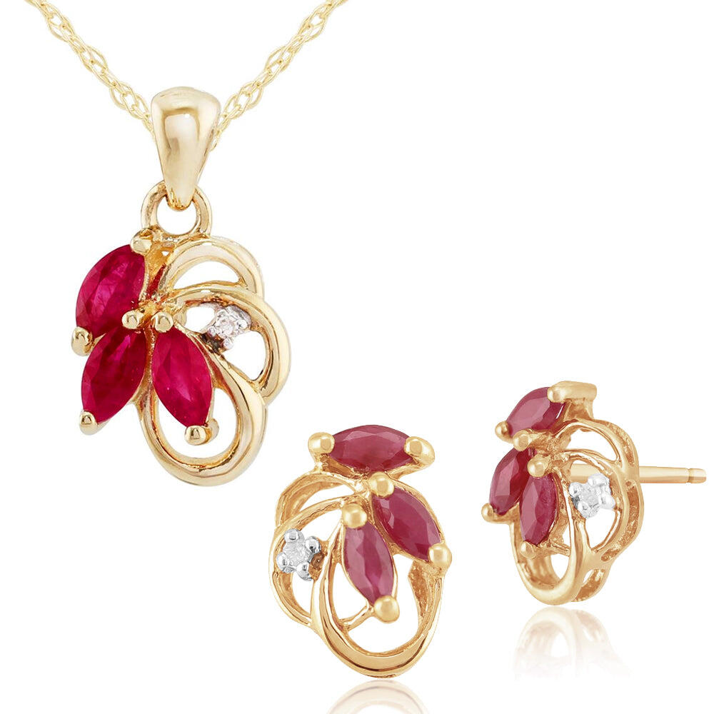 Art Nouveau Style Style Marquise Ruby & Diamond Leaf Stud Earrings & Pendant Set in 9ct Yellow Gold