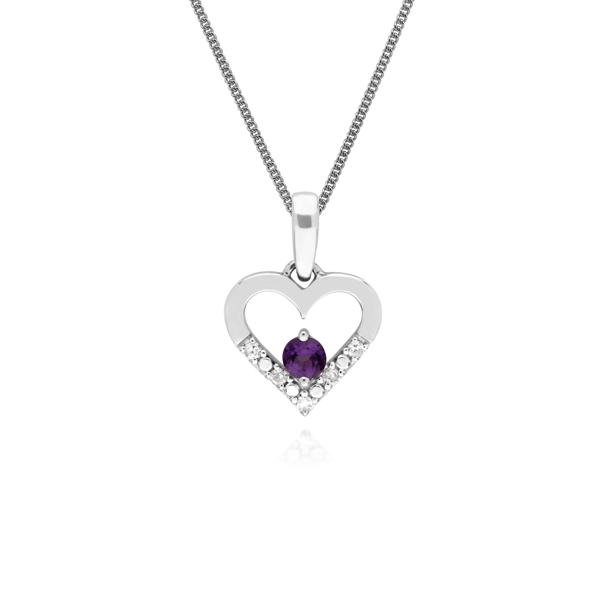 Classic Amethyst & Diamond Love Heart Shaped Pendant in 9ct White Gold