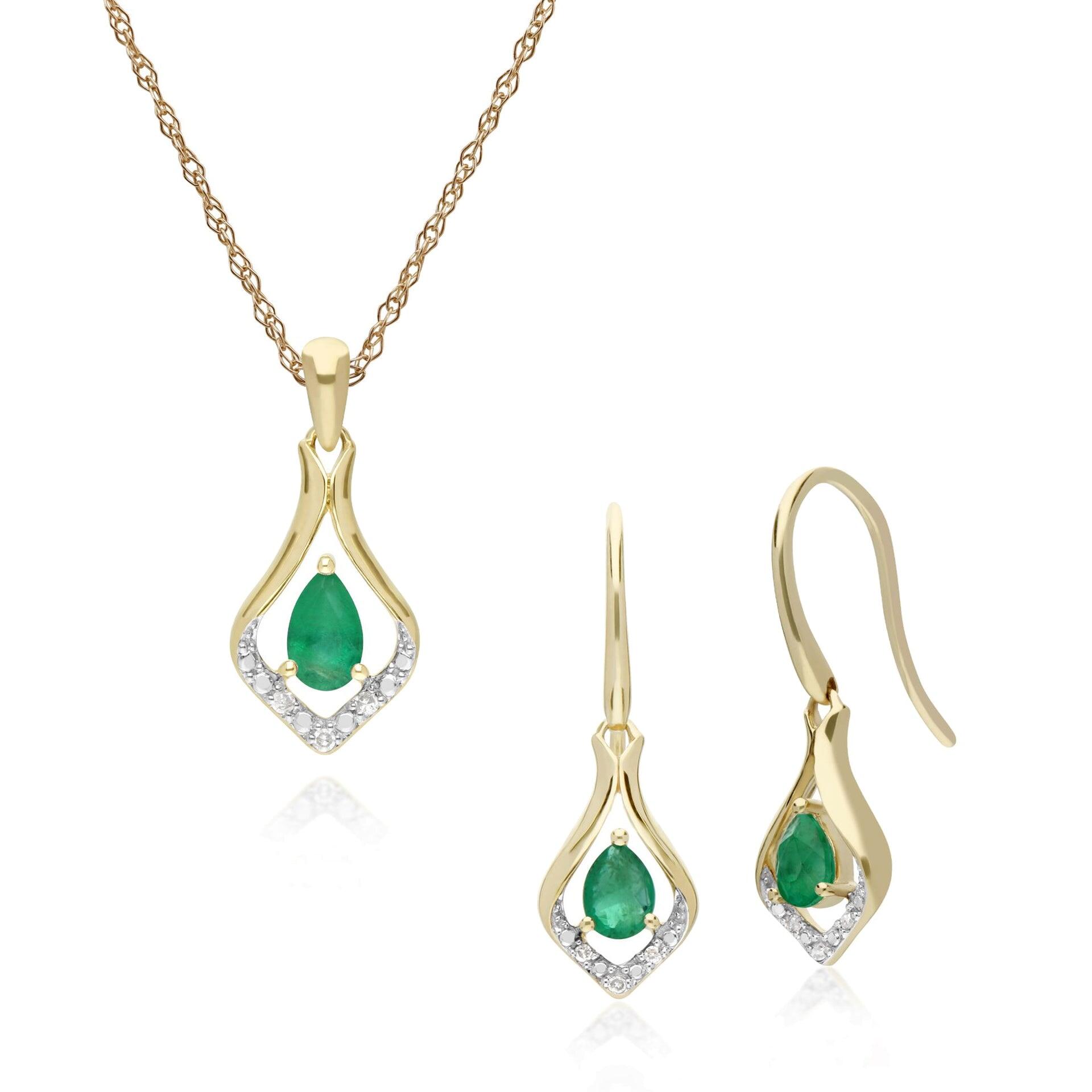 Classic Emerald & Diamond Leaf Drop Earrings & Pendant Set in 9ct Gold