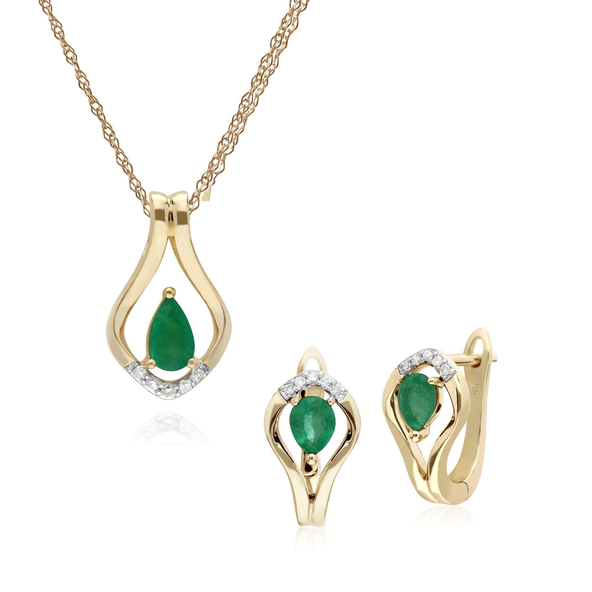 Classic Emerald & Diamond Leaf Lever back Earrings & Pendant Set in 9ct Gold