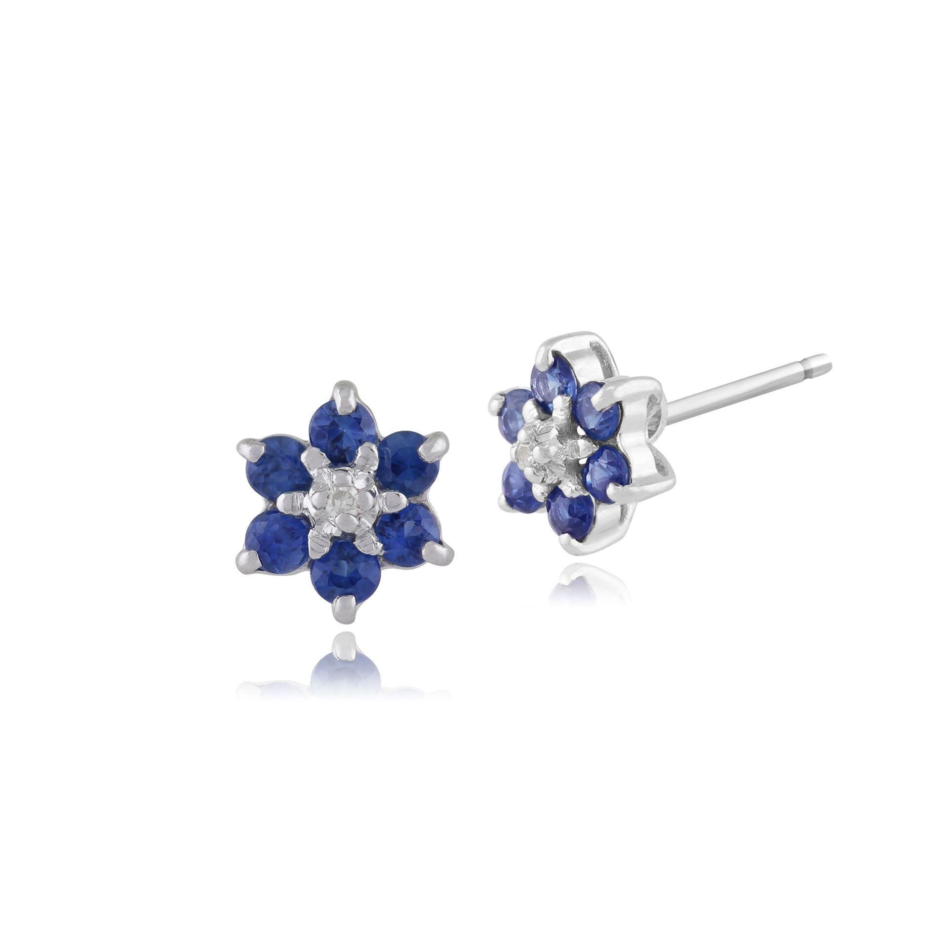 Classic Floral Sapphire & Diamond Cluster Stud Earrings in 9ct White Gold