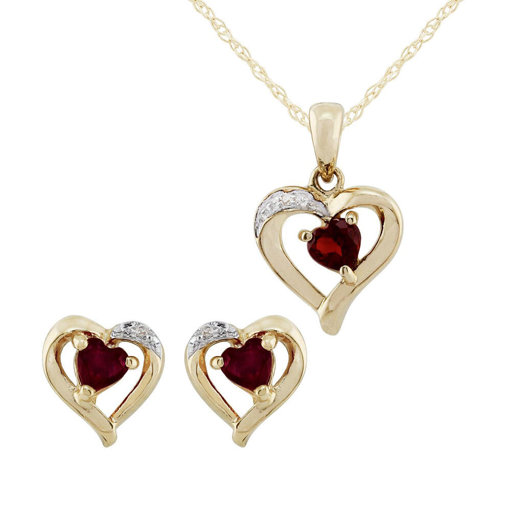 Classic Heart Garnet & Diamond Heart Stud Earrings & Pendant Set in 9ct Gold