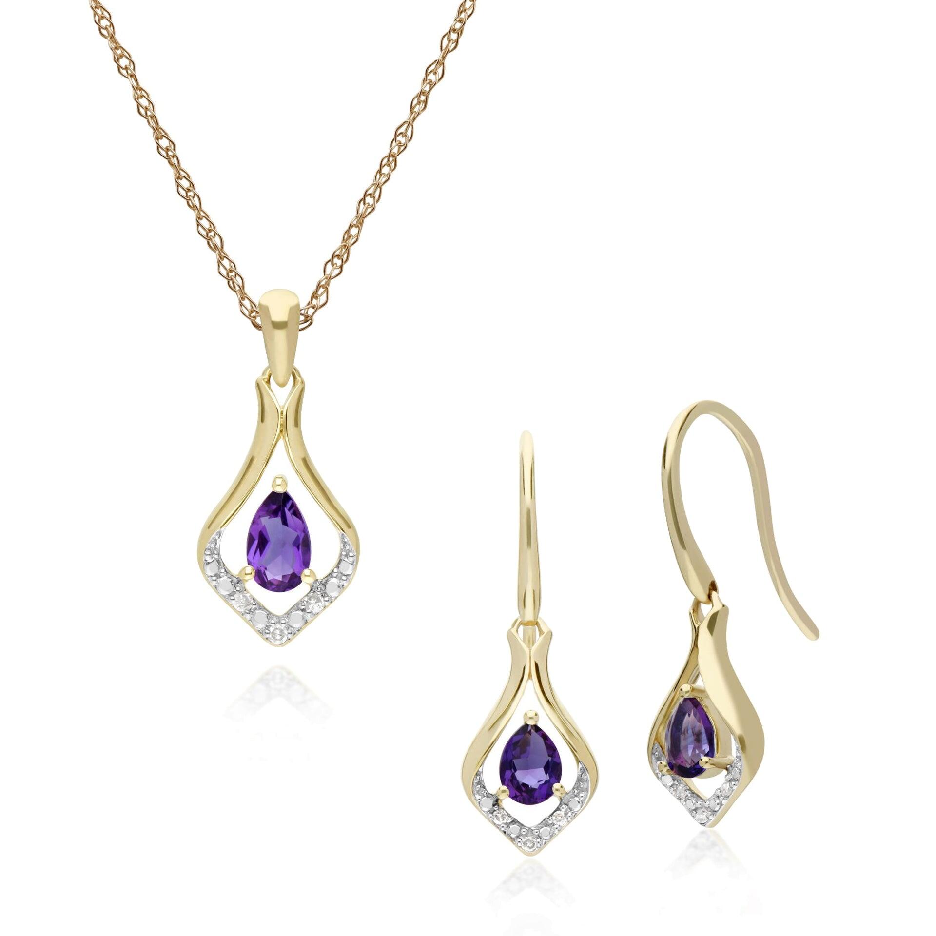 Classic Oval Amethyst & Diamond Leaf Drop Earrings & Pendant Set in 9ct Gold