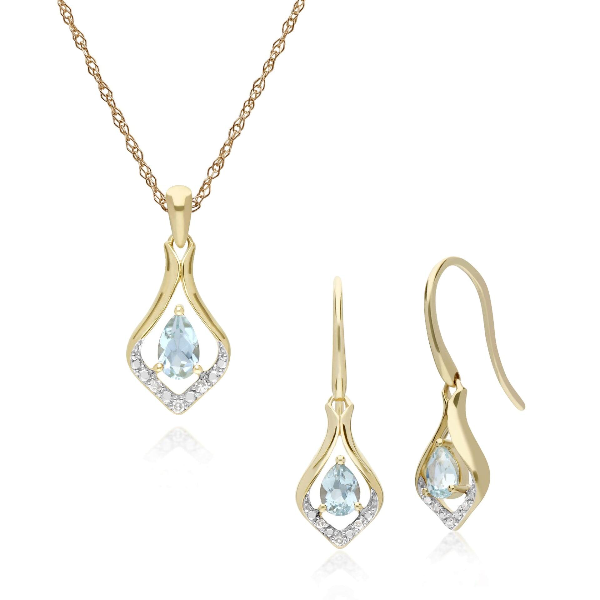 Classic Oval Aquamarine & Diamond Leaf Drop Earrings & Pendant Set in 9ct Yellow Gold