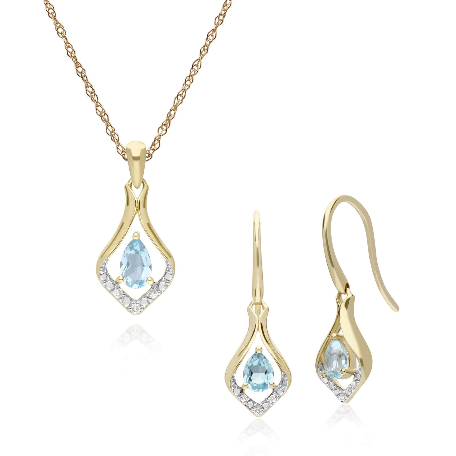 Classic Oval Blue Topaz & Diamond Leaf Drop Earrings & Pendant Set in 9ct Yellow Gold