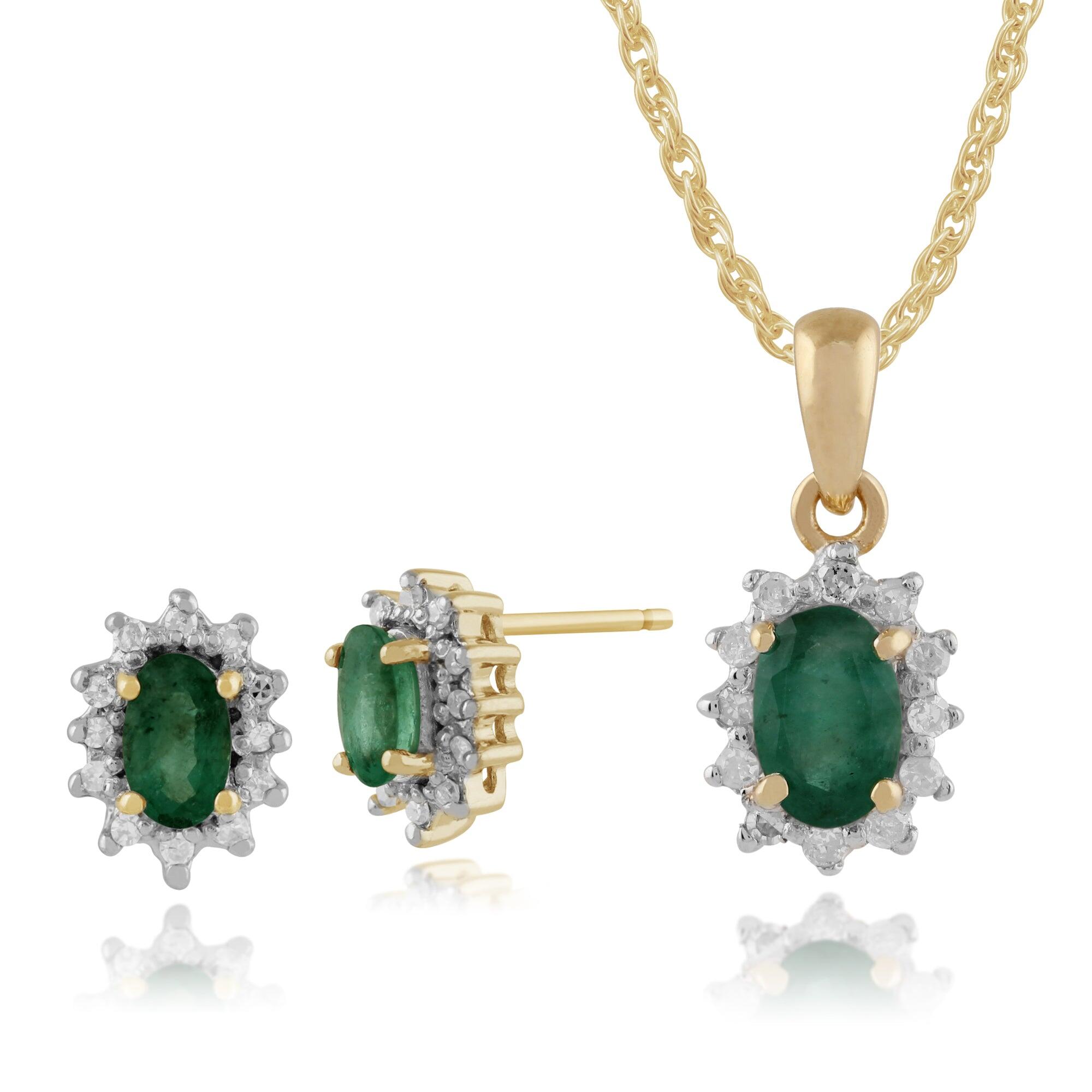 Classic Oval Emerald & Diamond Halo Cluster Stud Earrings & Pendant Set in 9ct Yellow Gold