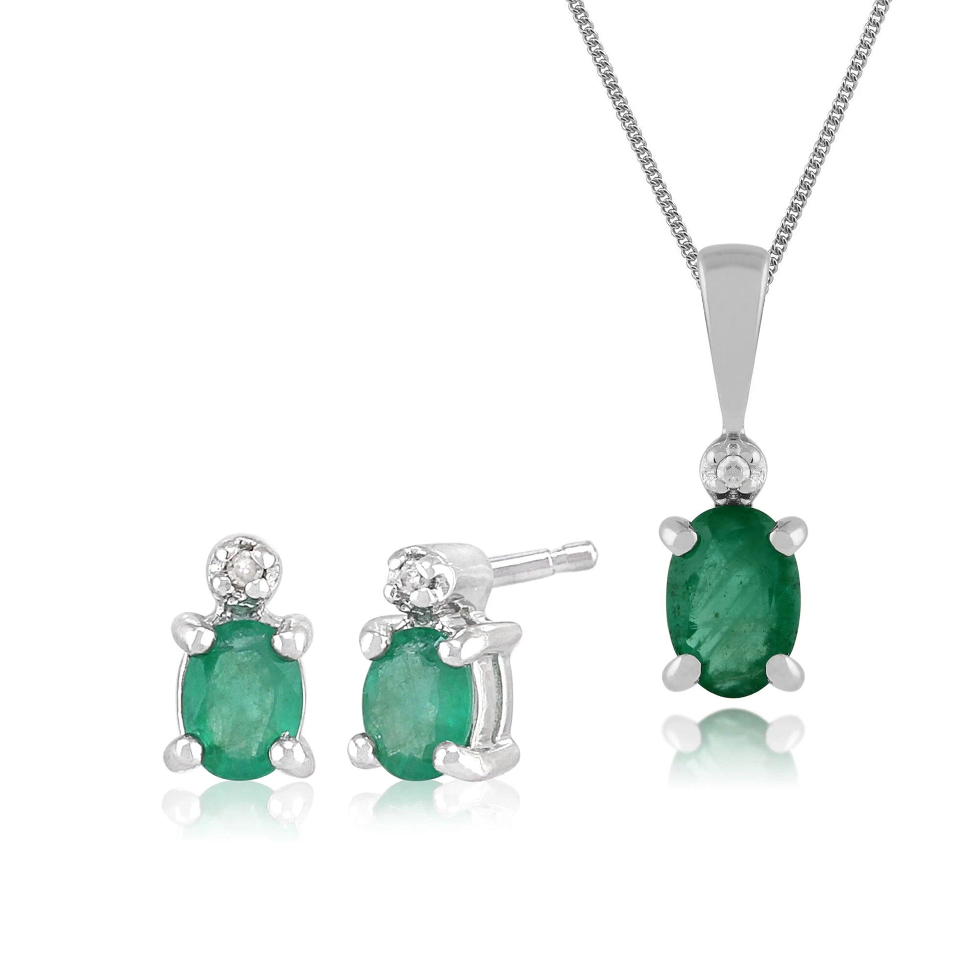 Classic Oval Emerald & Diamond Stud Earrings & Pendant in 9ct White Gold
