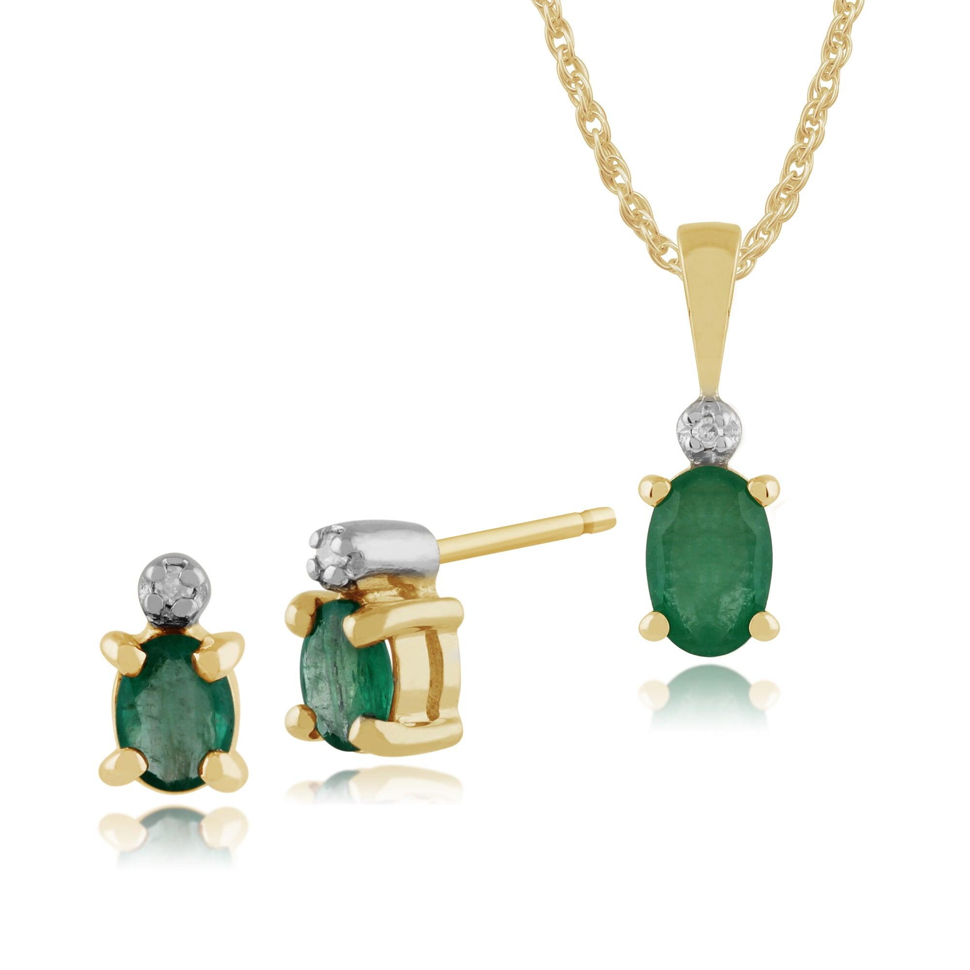 Classic Oval Emerald & Diamond Stud Earrings & Pendant in 9ct Yellow Gold
