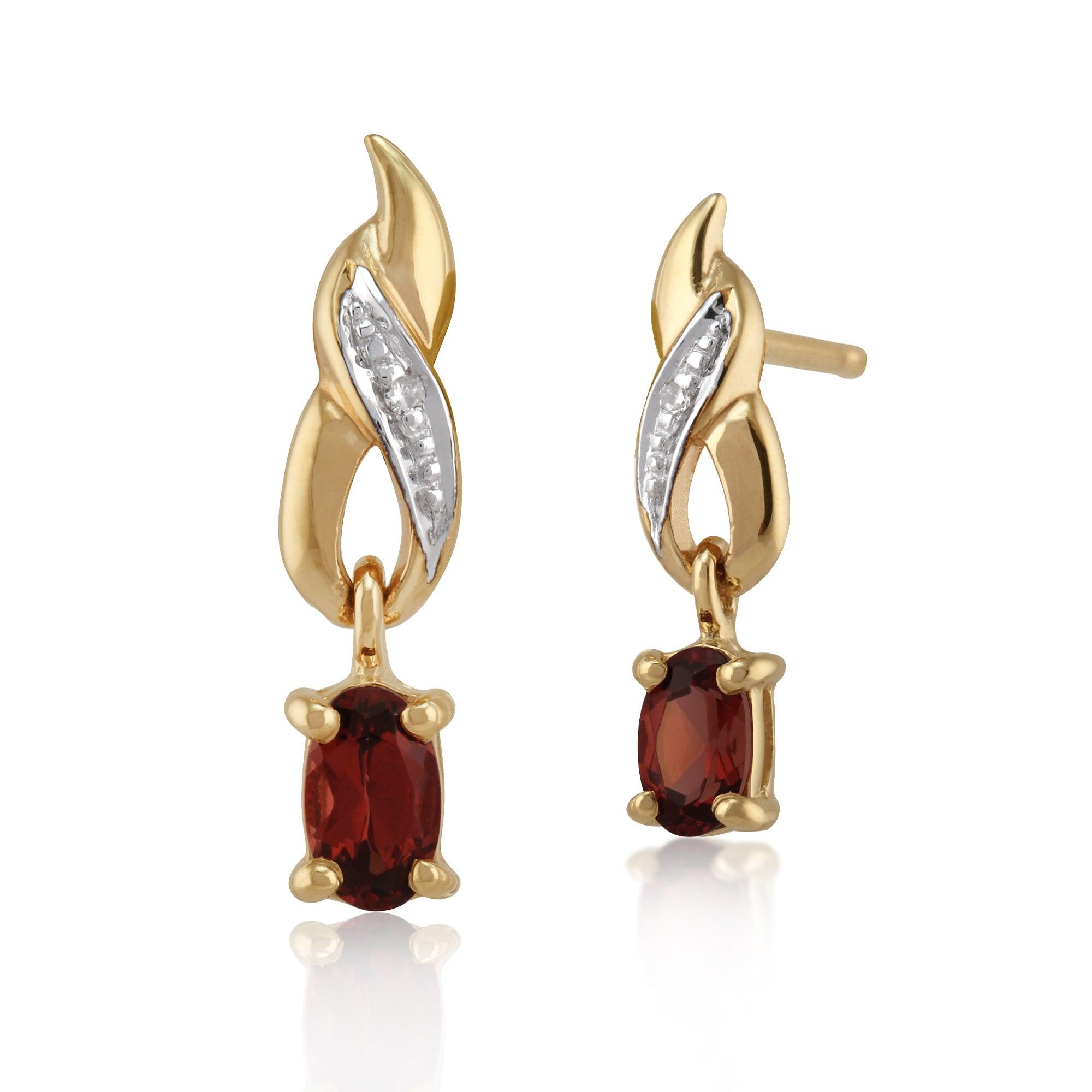 Classic Oval Garnet & Diamond Drop Earrings in 9ct Yellow Gold