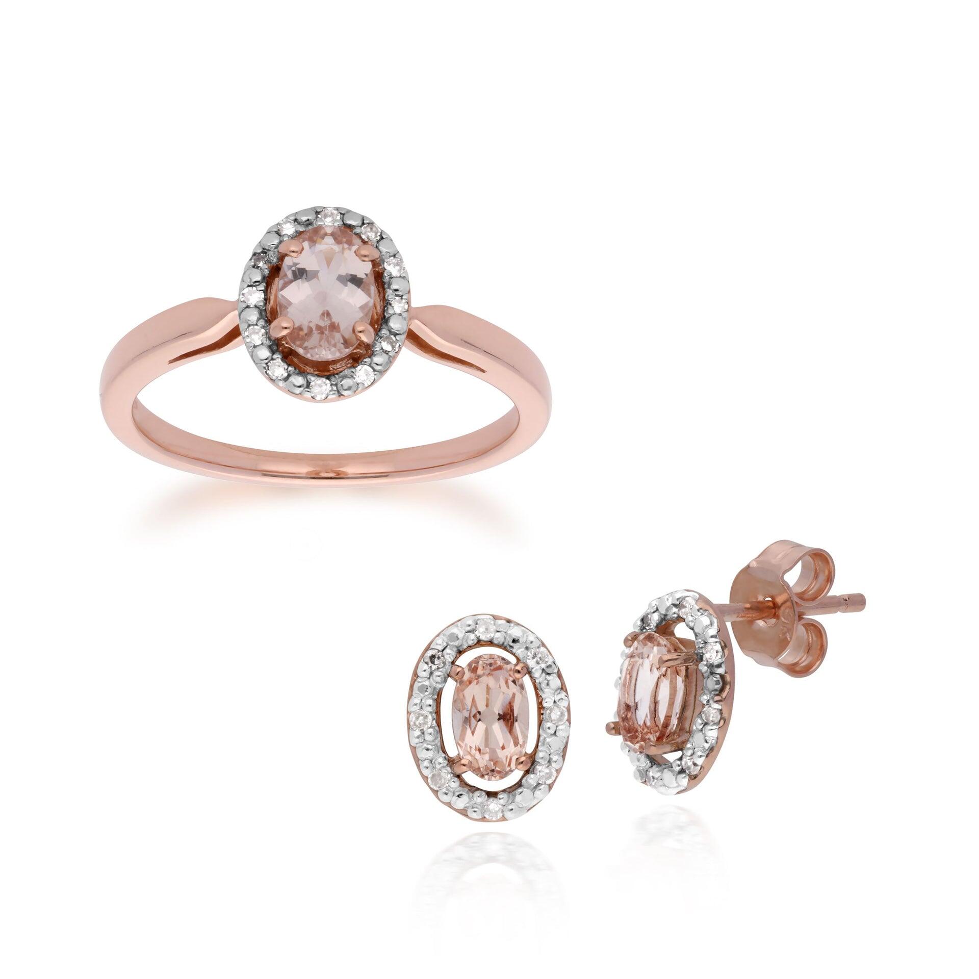 Classic Oval Morganite & Diamond Halo Stud Earrings & Solitaire Ring Set in 9ct Rose Gold