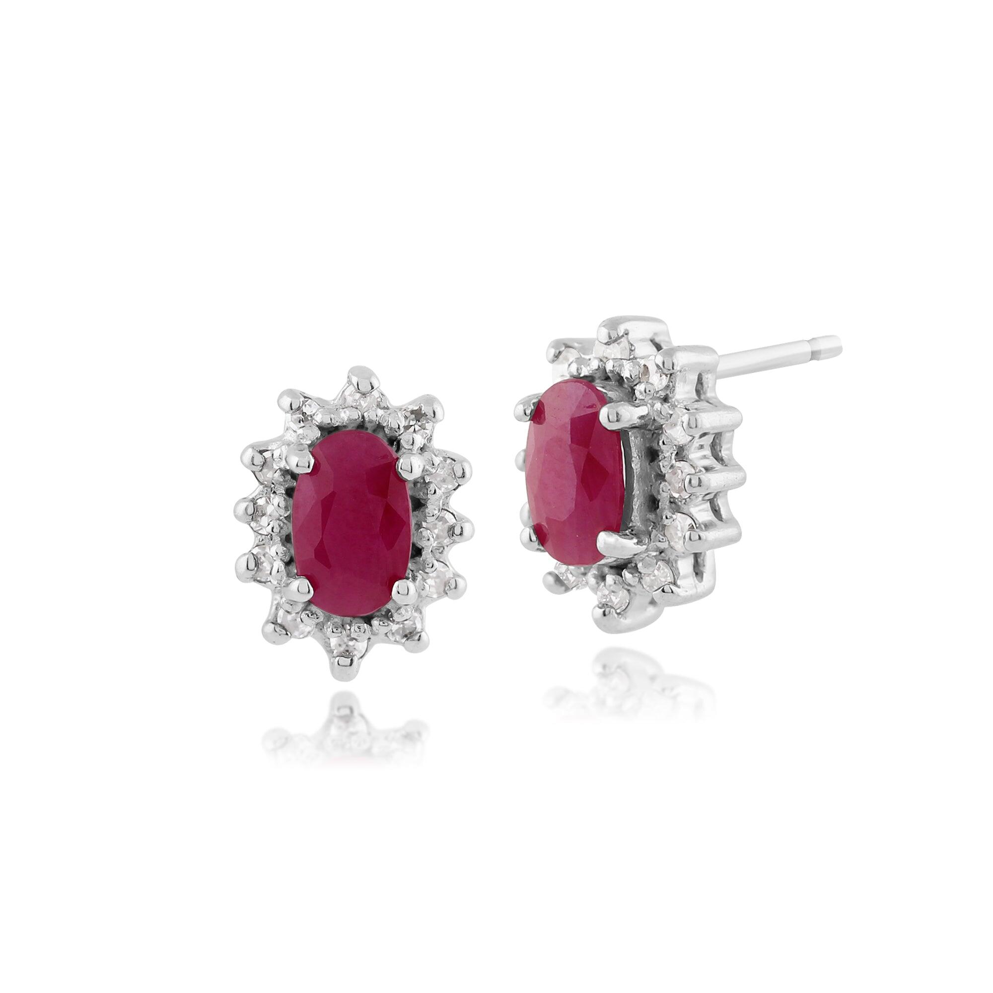 Classic Oval Ruby & Diamond Cluster Stud Earrings in 9ct White Gold 5x3mm