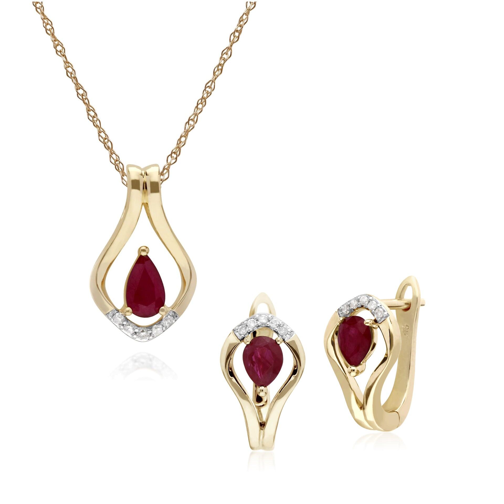 Classic Oval Ruby & Diamond Leaf Lever back Earrings & Pendant Set in 9ct Yellow Gold
