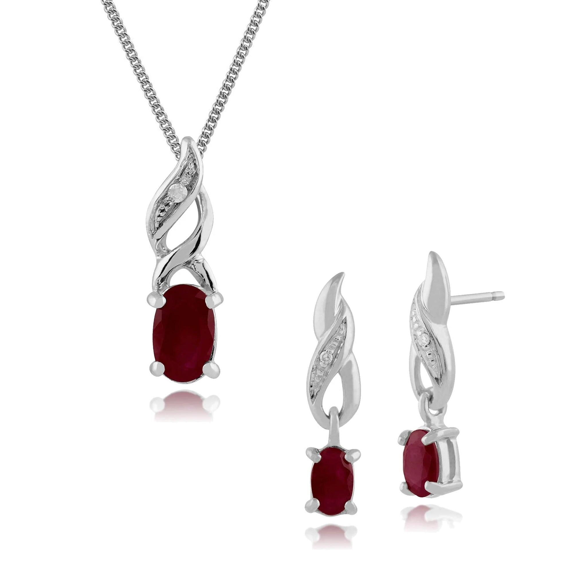 Classic Oval Ruby & Diamond Twist Drop Earrings & Pendant Set in 9ct White Gold