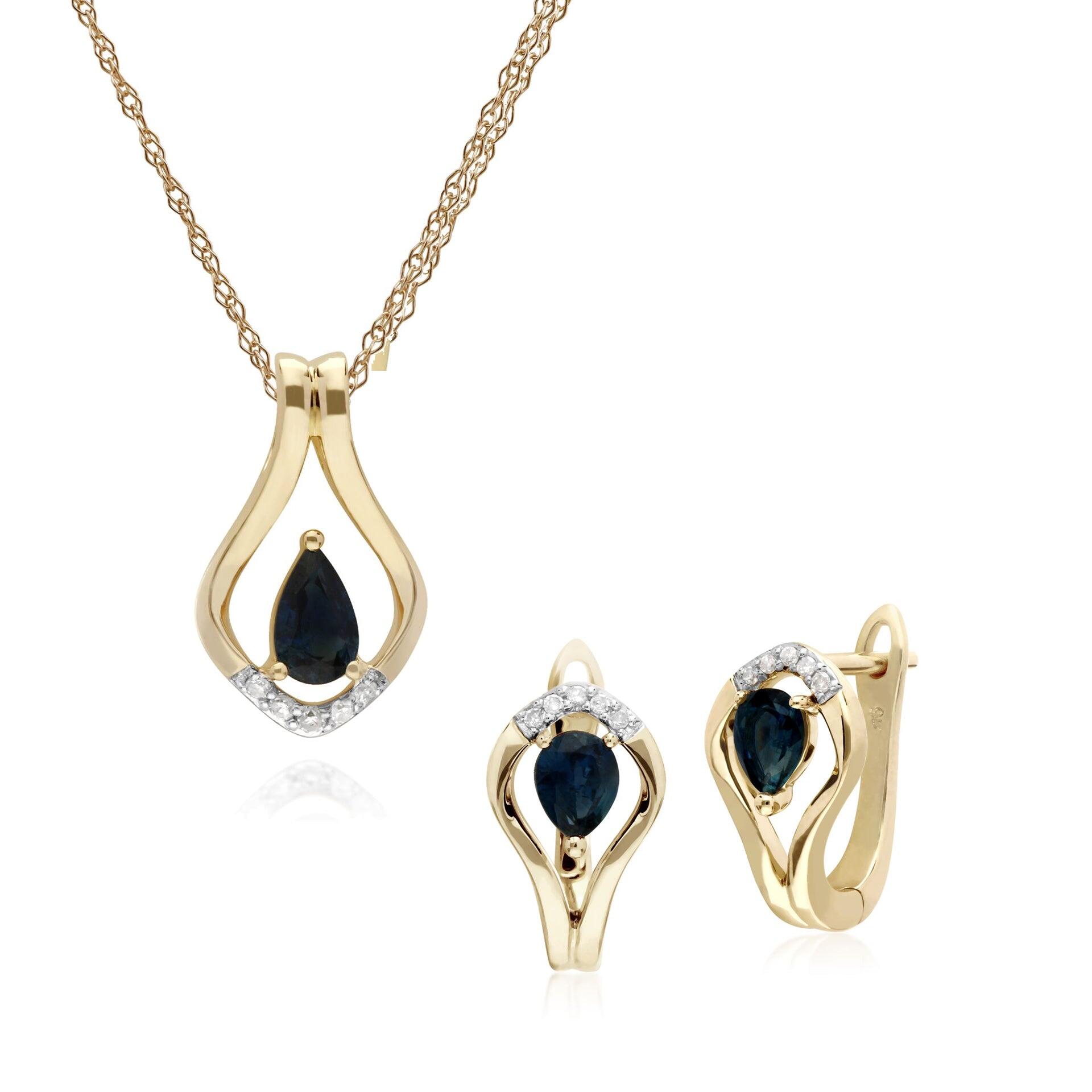 Classic Oval Sapphire & Diamond Leaf Lever back Earrings & Pendant Set in 9ct Yellow Gold