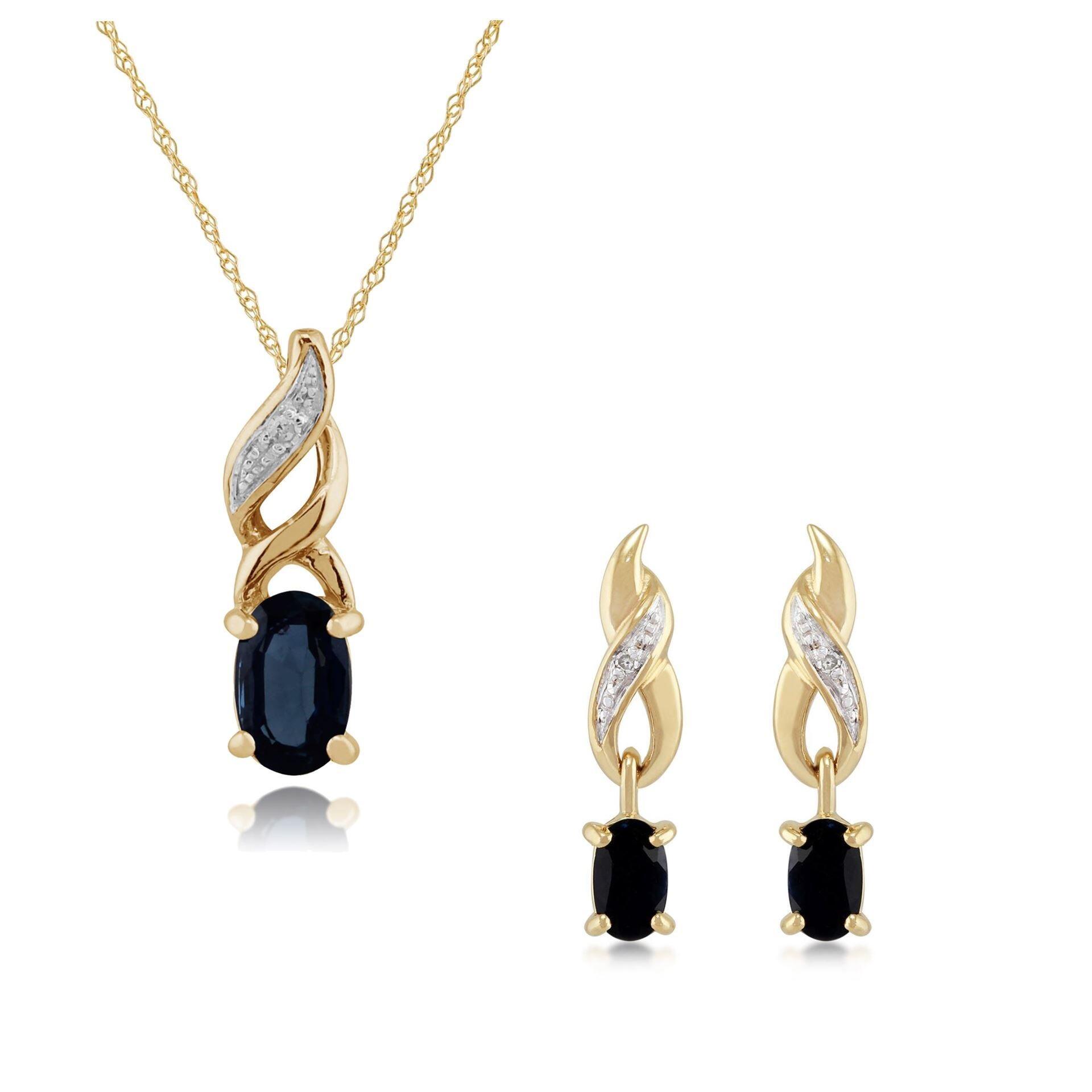 Classic Oval Sapphire & Diamond Twist Drop Earrings & Pendant Set in 9ct Yellow Gold