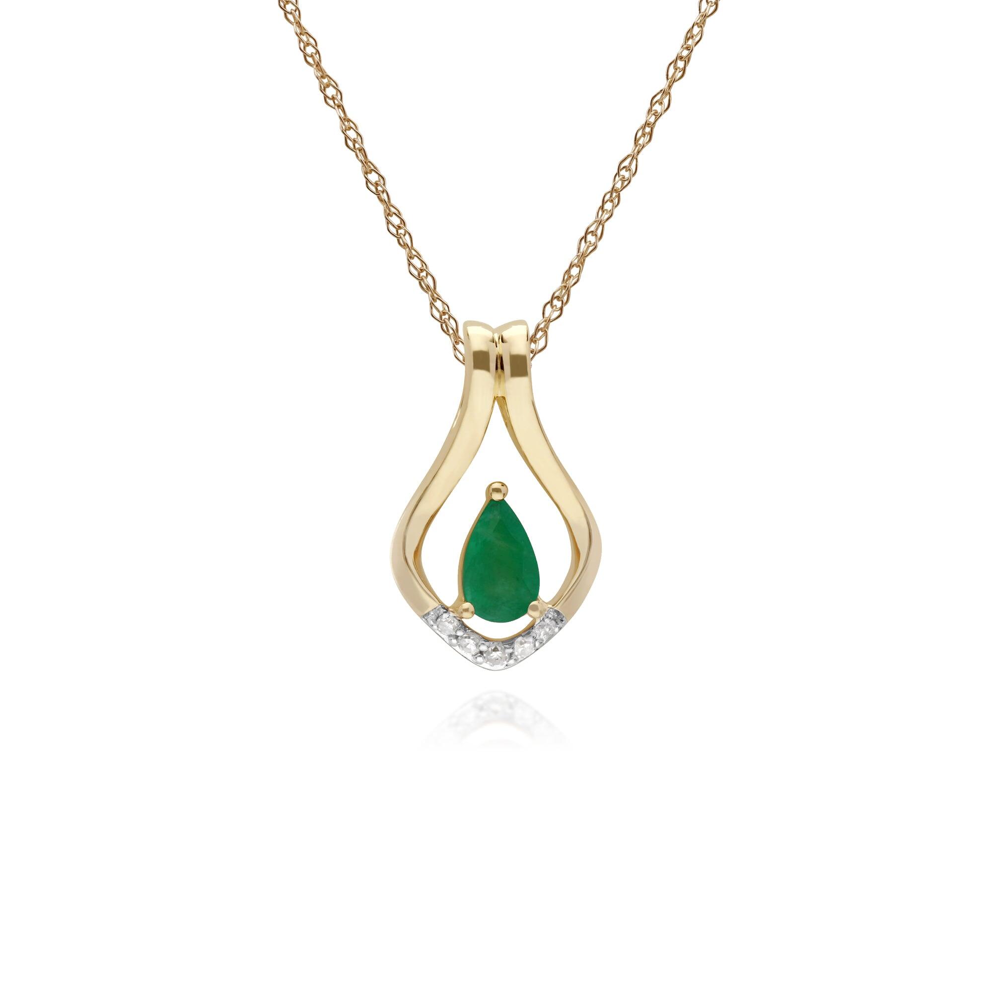 Classic Pear Emerald & Five Diamond Leaf Halo Pendant in 9ct Gold