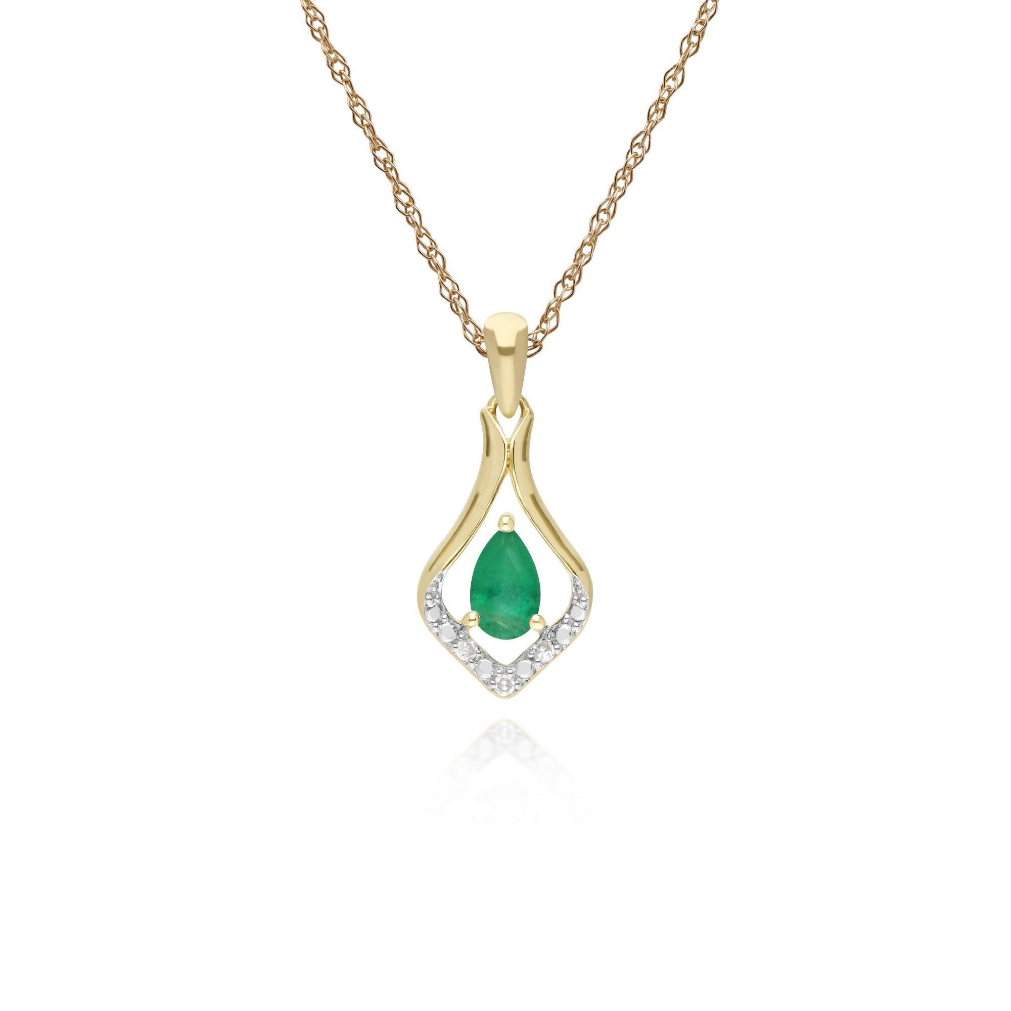 Classic Pear Emerald & Three Diamond Leaf Halo Pendant in 9ct Gold