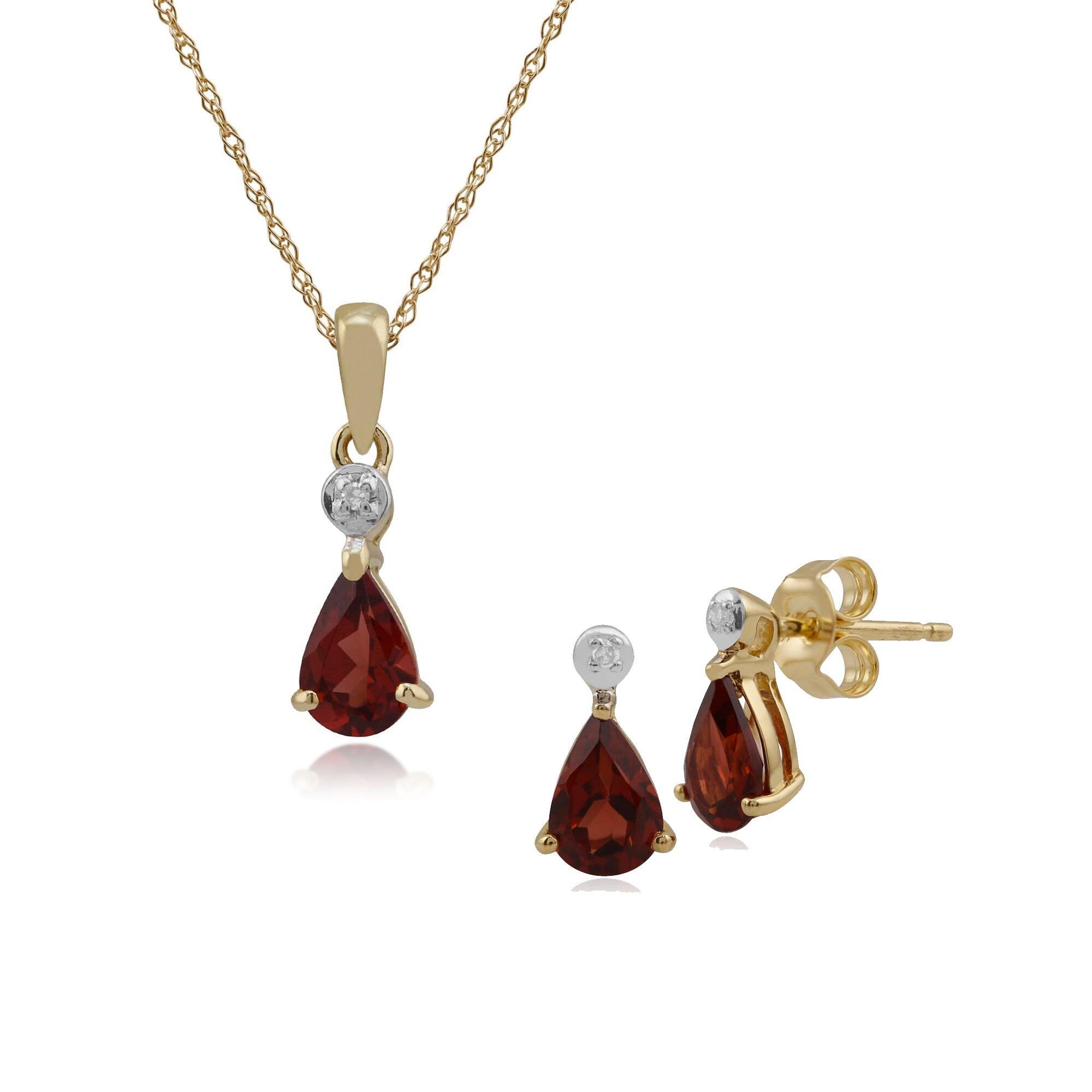 Classic Pear Garnet & Diamond Stud Earrings & Pendant Set in 9ct Yellow Gold