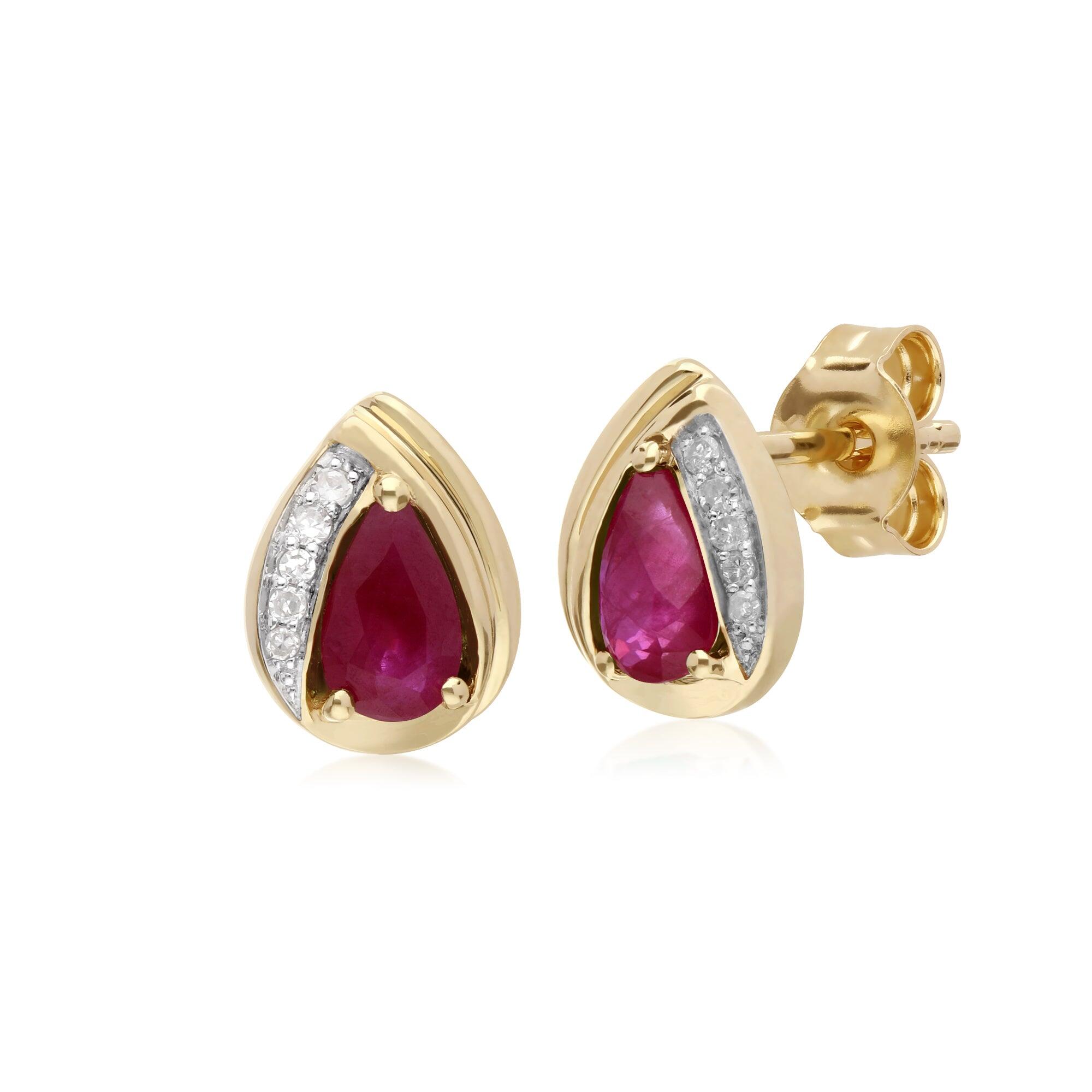 Classic Pear Ruby & Diamond Tear Drop Stud Earrings in 9ct Yellow Gold