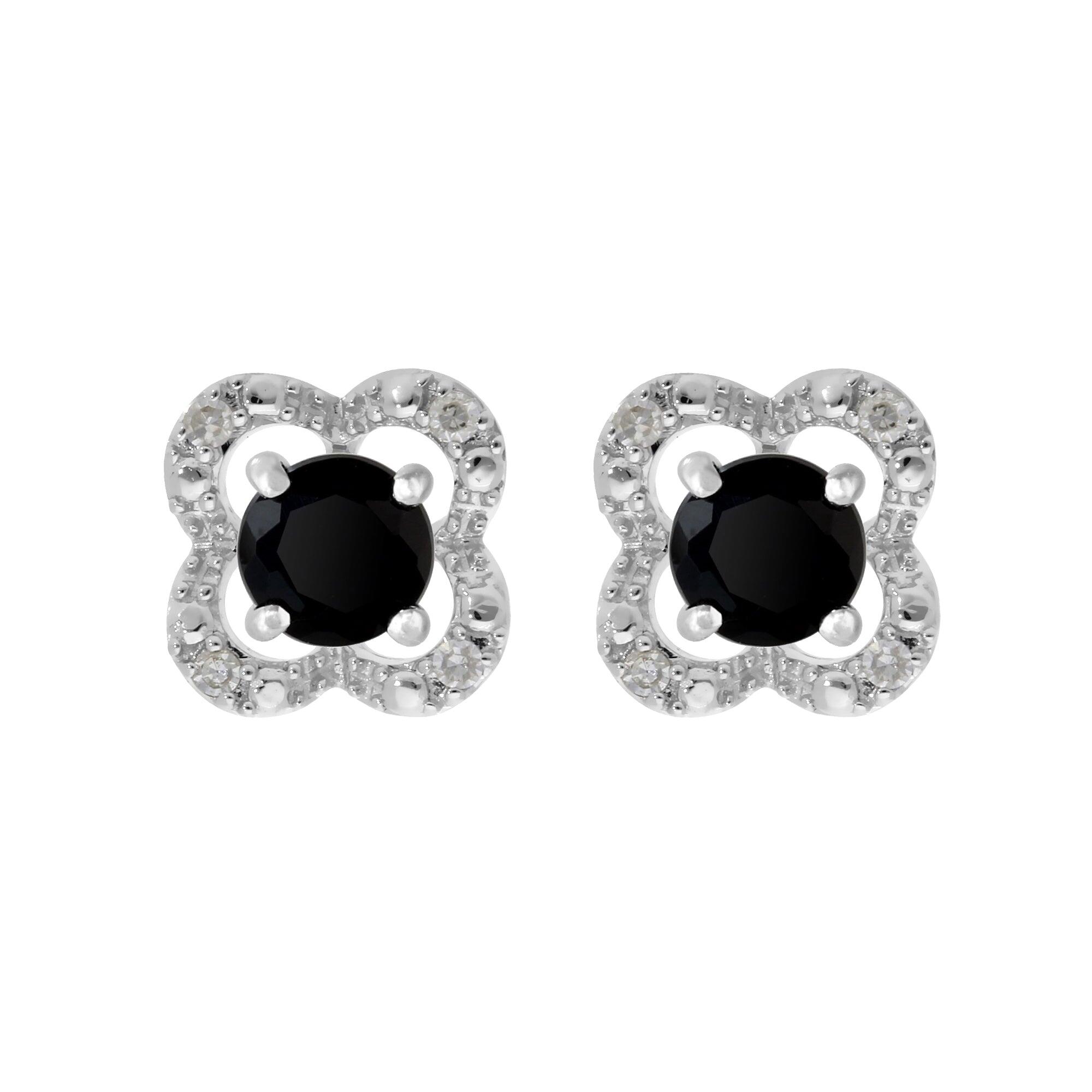 Classic Round Black Onyx Studs with Detachable Diamond Flower Ear Jacket in 9ct White Gold