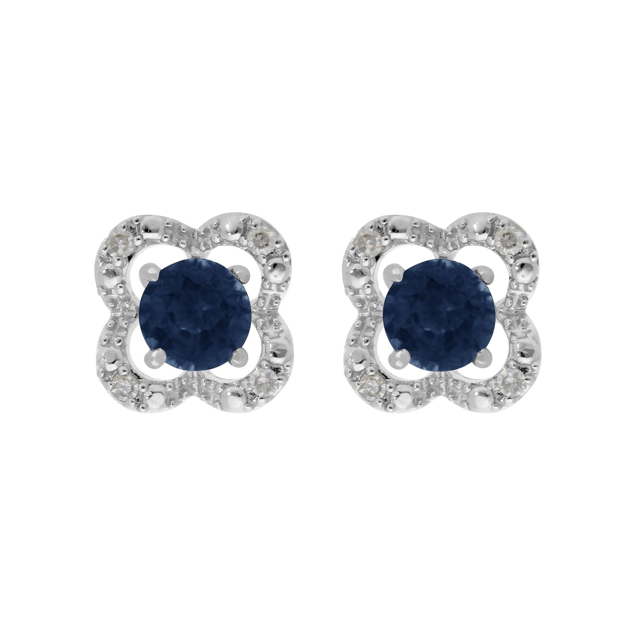 Classic Round Blue Sapphire Studs with Detachable Diamond Flower Ear Jacket in 9ct White Gold