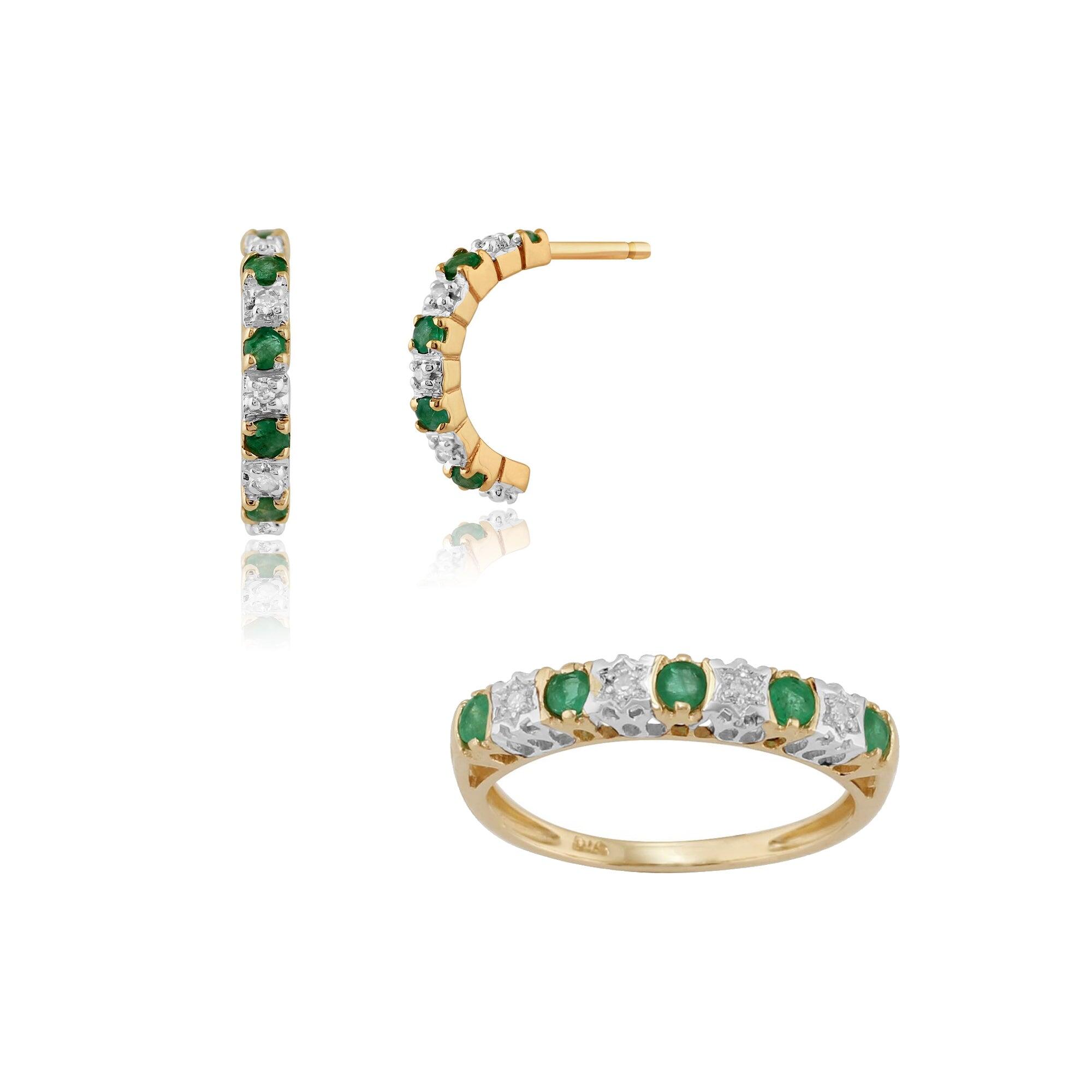 Classic Round Emerald & Diamond Half Hoop Earrings & Half Eternity Ring Set in 9ct Yellow Gold
