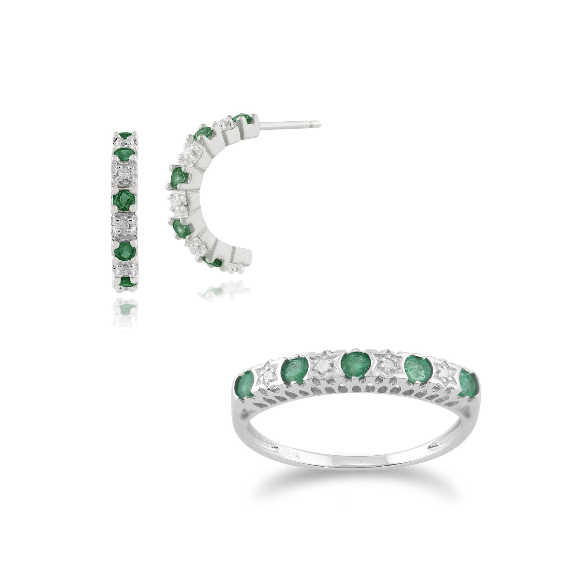 Classic Round Emerald & Diamond Half Hoop Earrings & Half Eternity Ring Set in 9ct White Gold