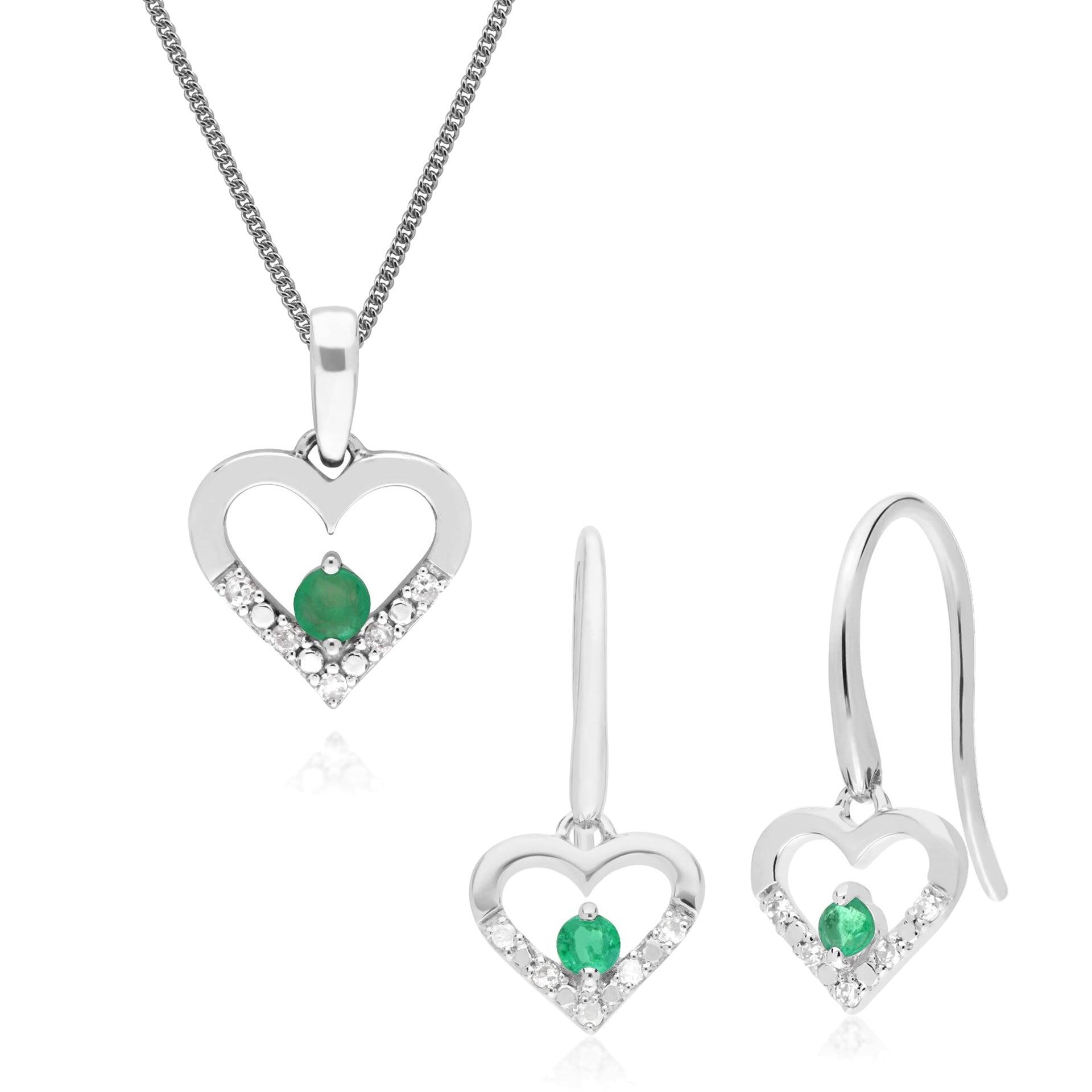Classic Round Emerald & Diamond Heart Drop Earrings & Pendant Set in 9ct White Gold