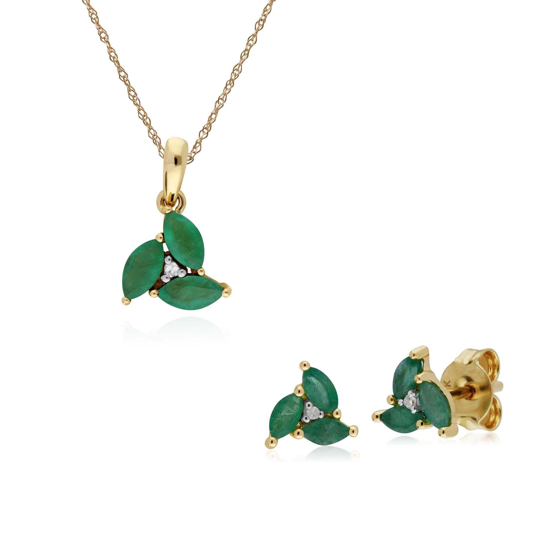 Classic Round Emerald Marquise Cluster Stud Earrings & Necklace Set in 9ct Yellow Gold