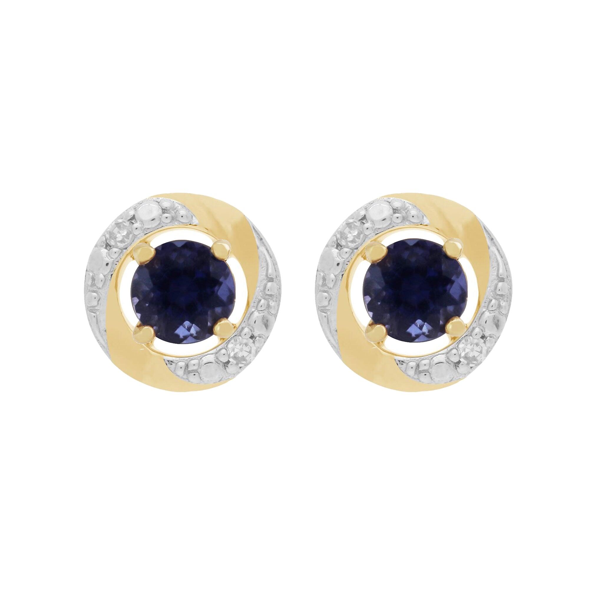 Classic Round Iolite Stud Earrings with Detachable Diamond Halo Ear Jacket in 9ct Yellow Gold