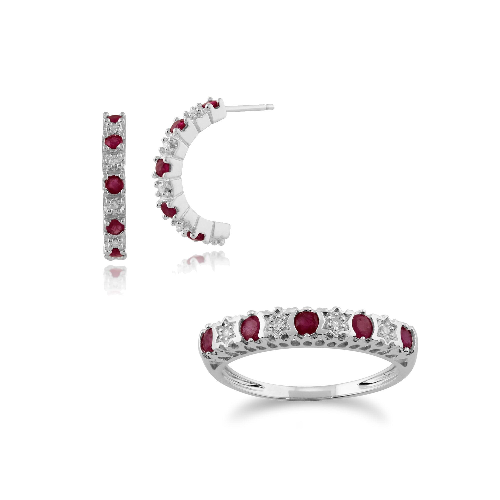 Classic Round Ruby & Diamond Half Hoop Earrings & Half Eternity Ring Set in 9ct White Gold