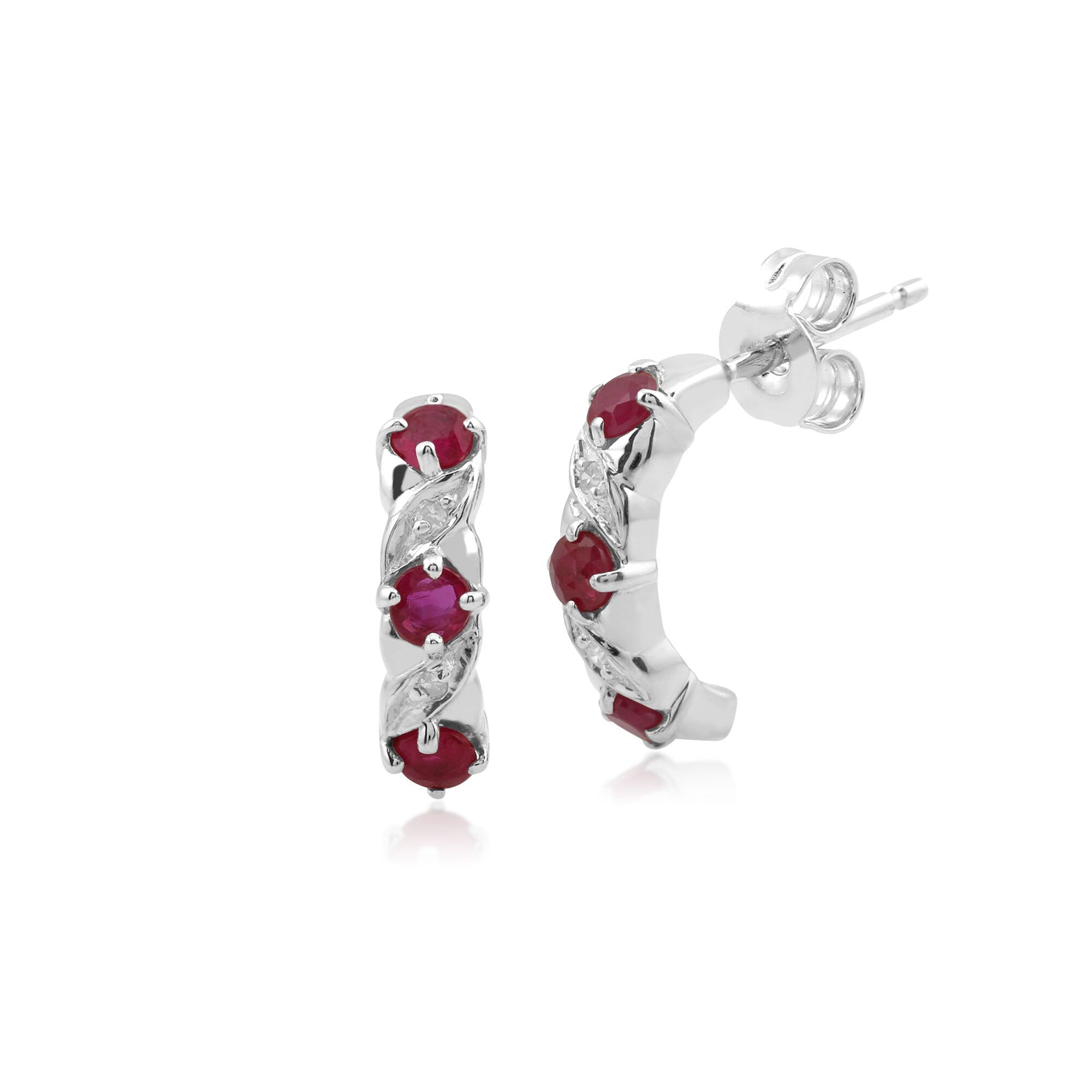 Classic Round Ruby & Diamond Half Hoop Earrings in 9ct White Gold