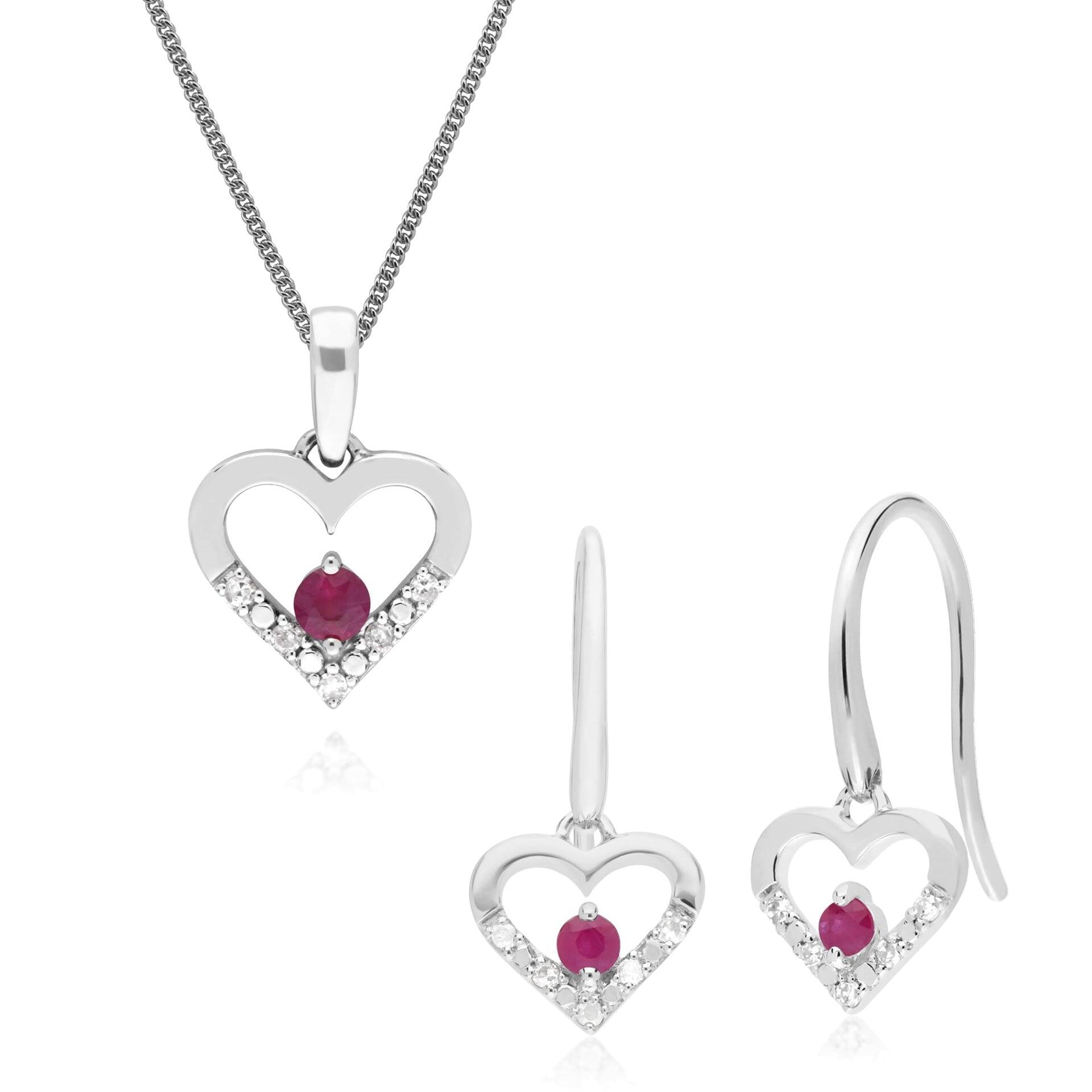 Classic Round Ruby & Diamond Heart Drop Earrings & Pendant Set in 9ct White Gold